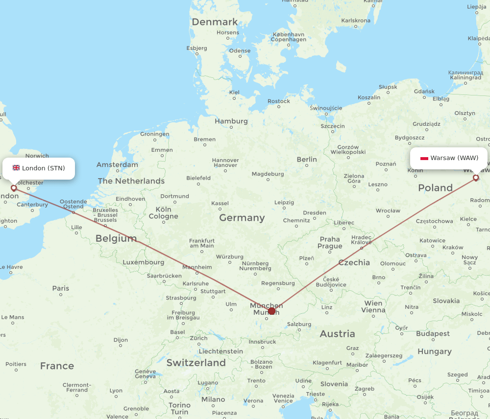 STN-WAW flight routes