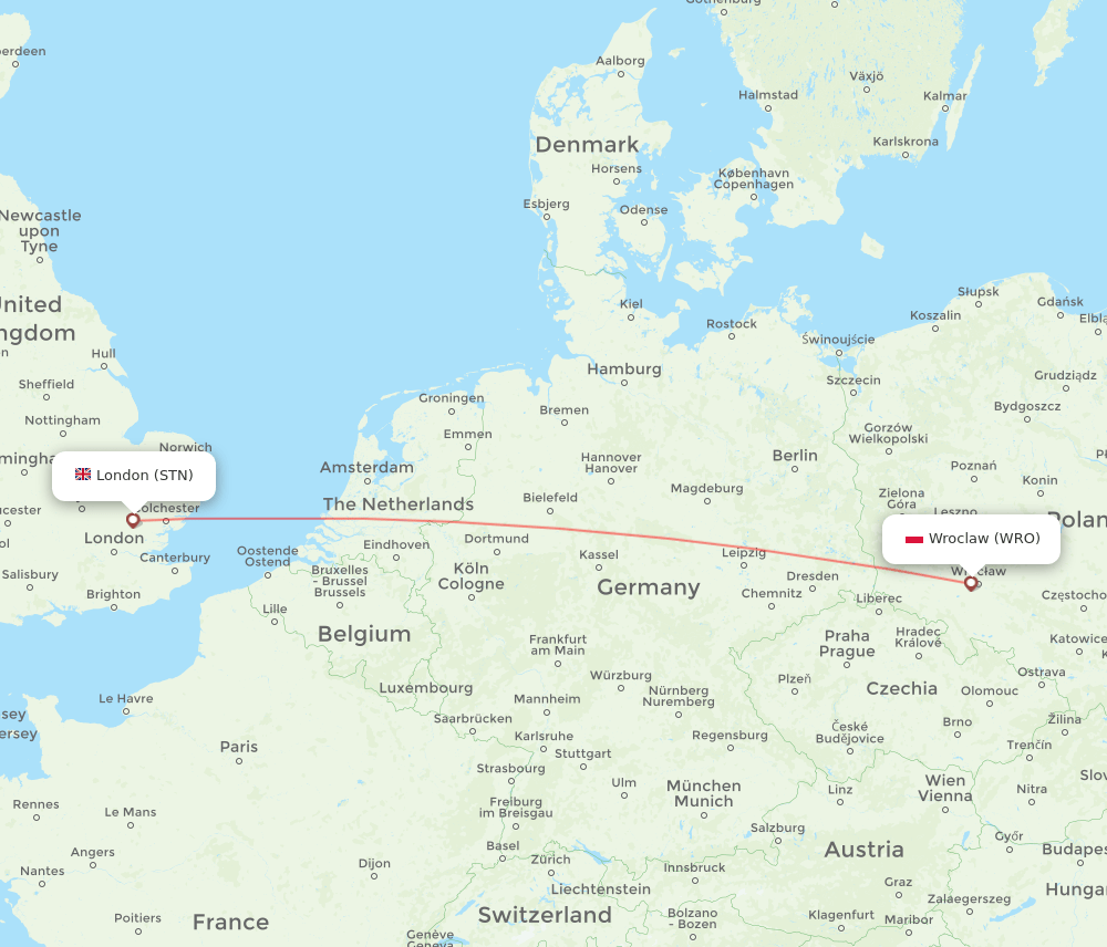 London - Wroclaw route map and flight paths