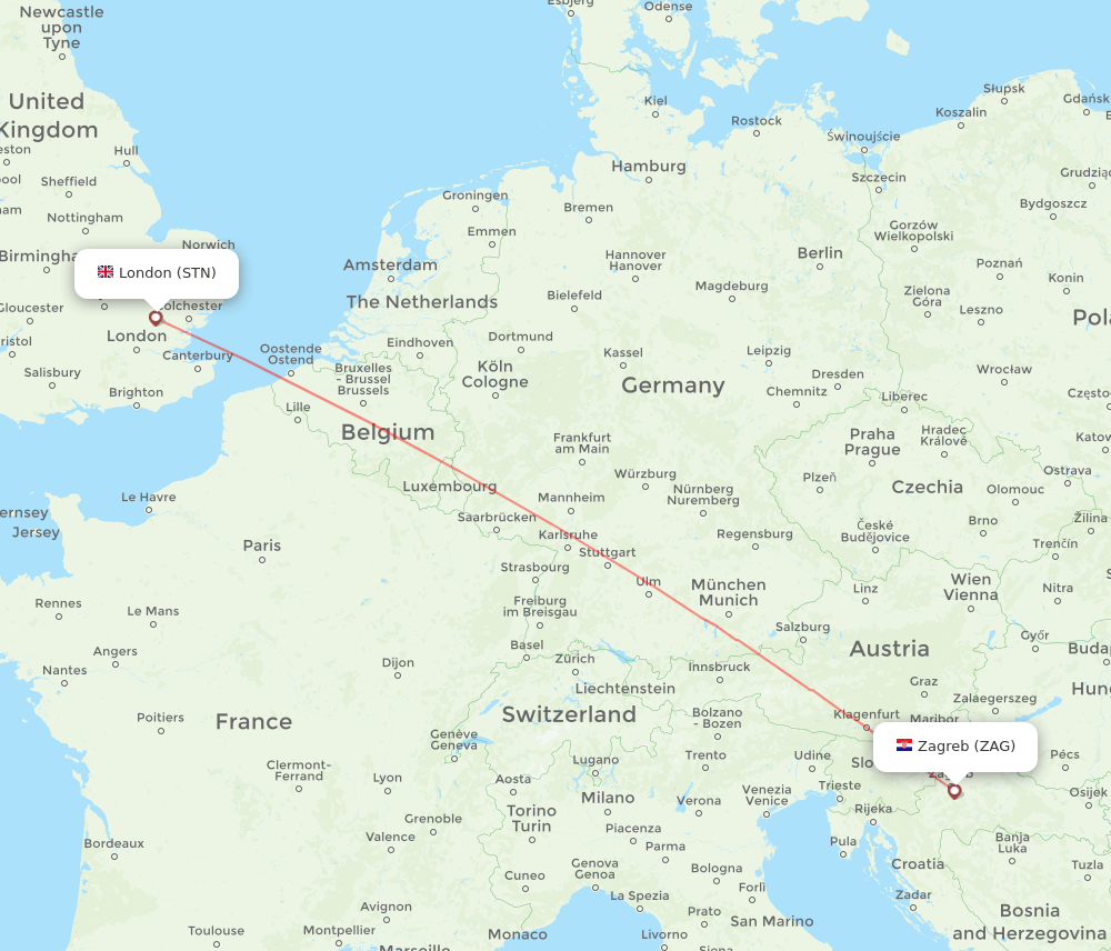 STN to ZAG flights and routes map