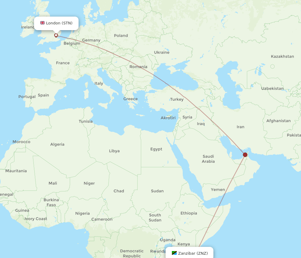 Zanzibar - London route map and flight paths