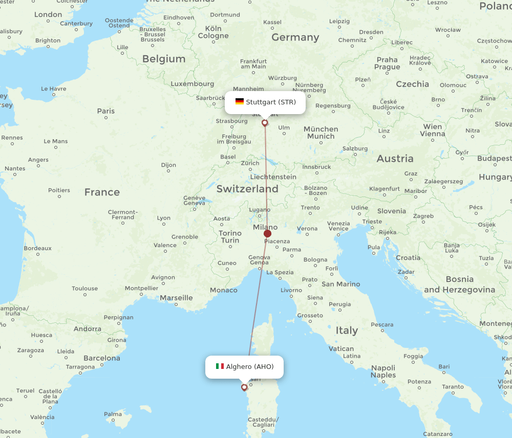 Alghero - Stuttgart route map and flight paths