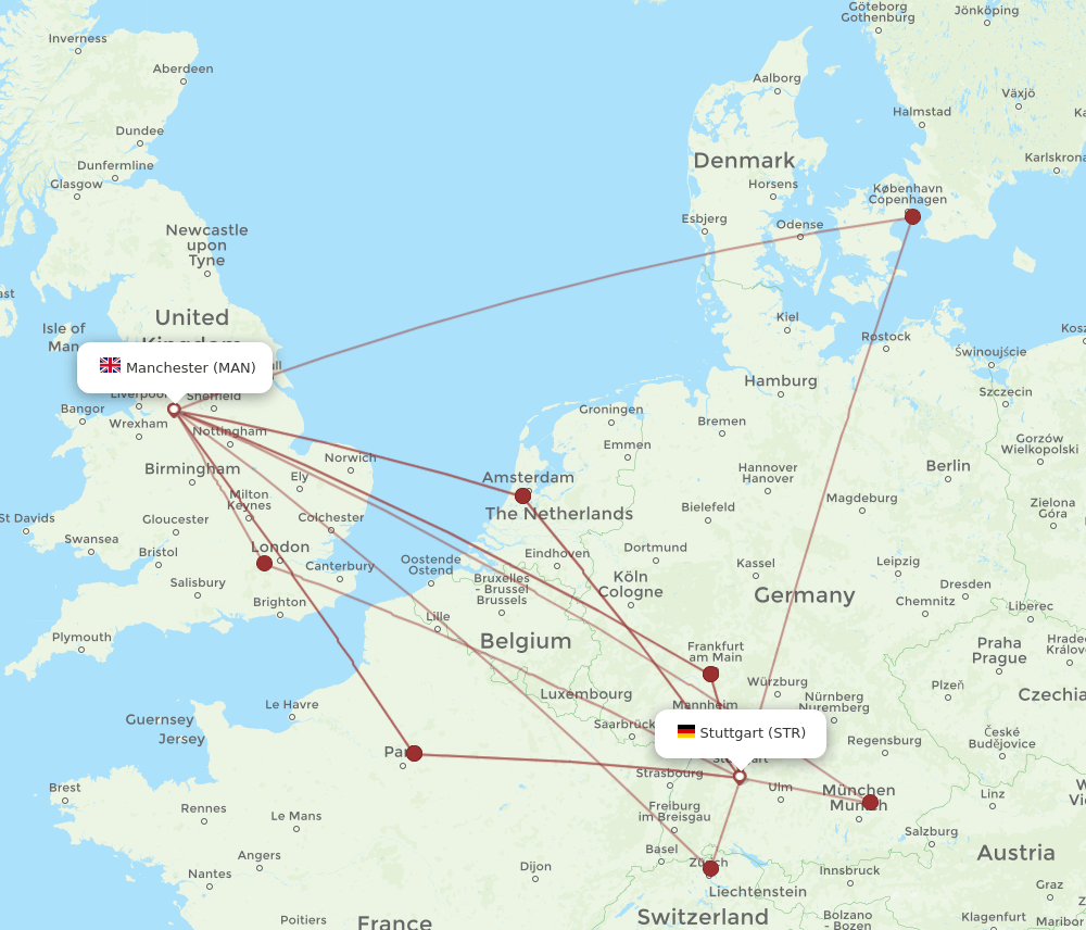 STR to MAN flights and routes map