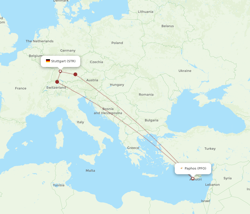 Paphos - Stuttgart route map and flight paths