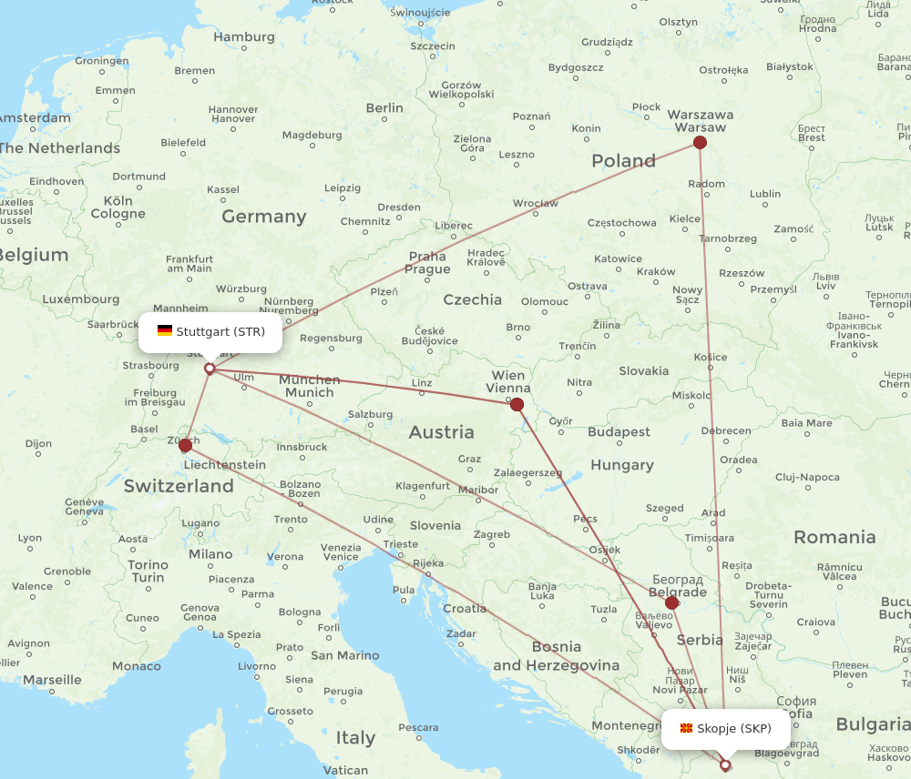 STR to SKP flights and routes map