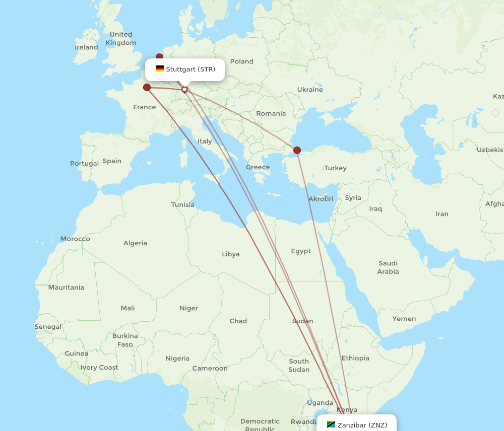 Zanzibar - Stuttgart route map and flight paths