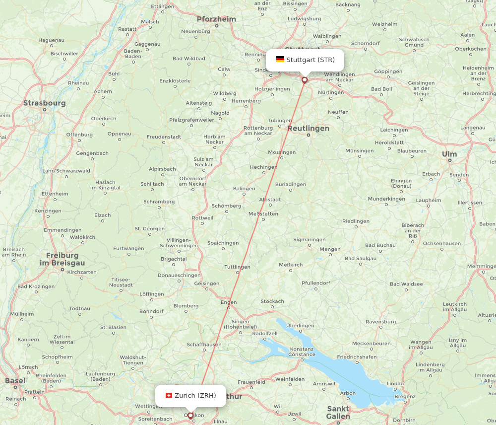 Stuttgart - Zurich route map and flight paths
