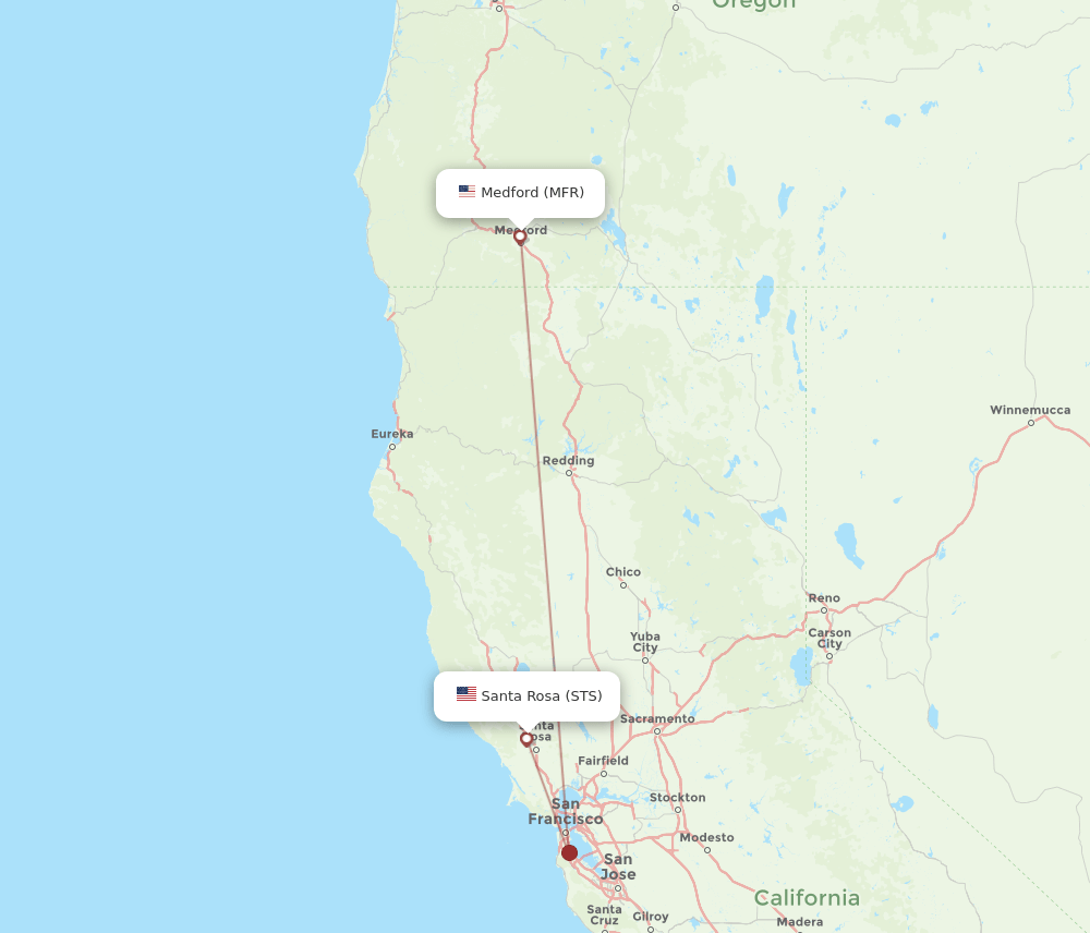 Santa Rosa - Medford route map and flight paths