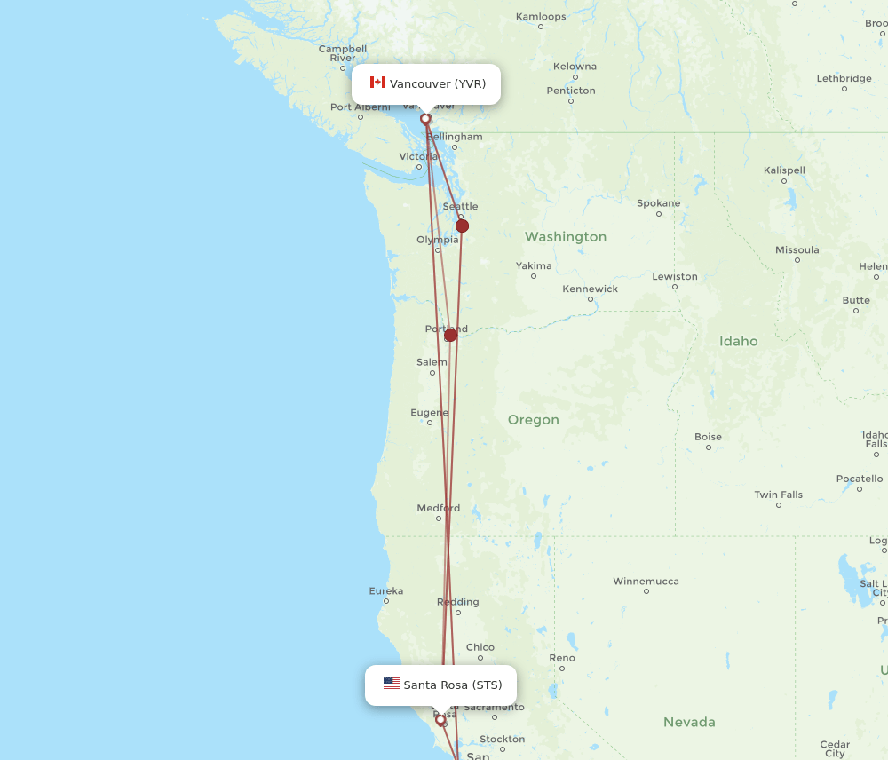 Vancouver - Santa Rosa route map and flight paths