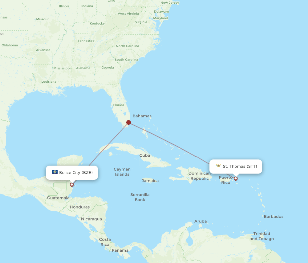Saint Thomas - Belize City route map and flight paths