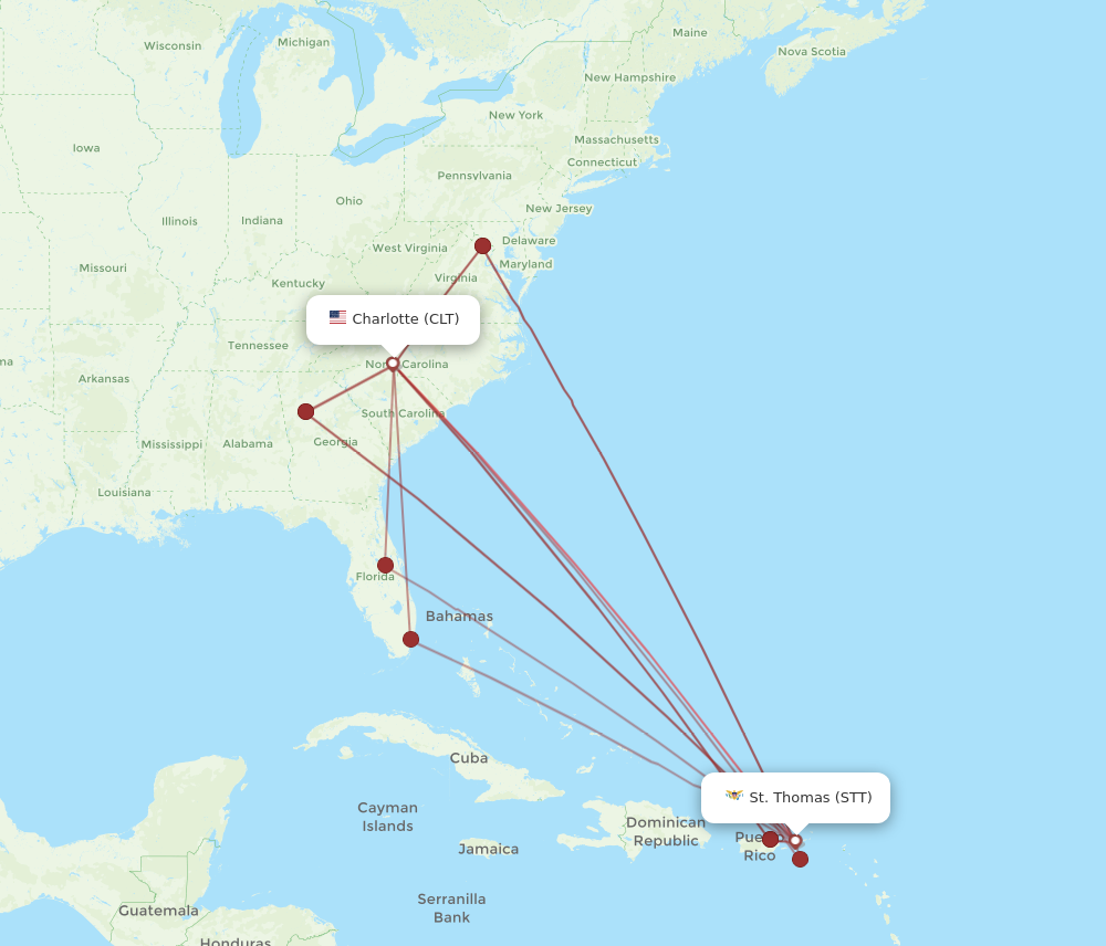 STT to CLT flights and routes map