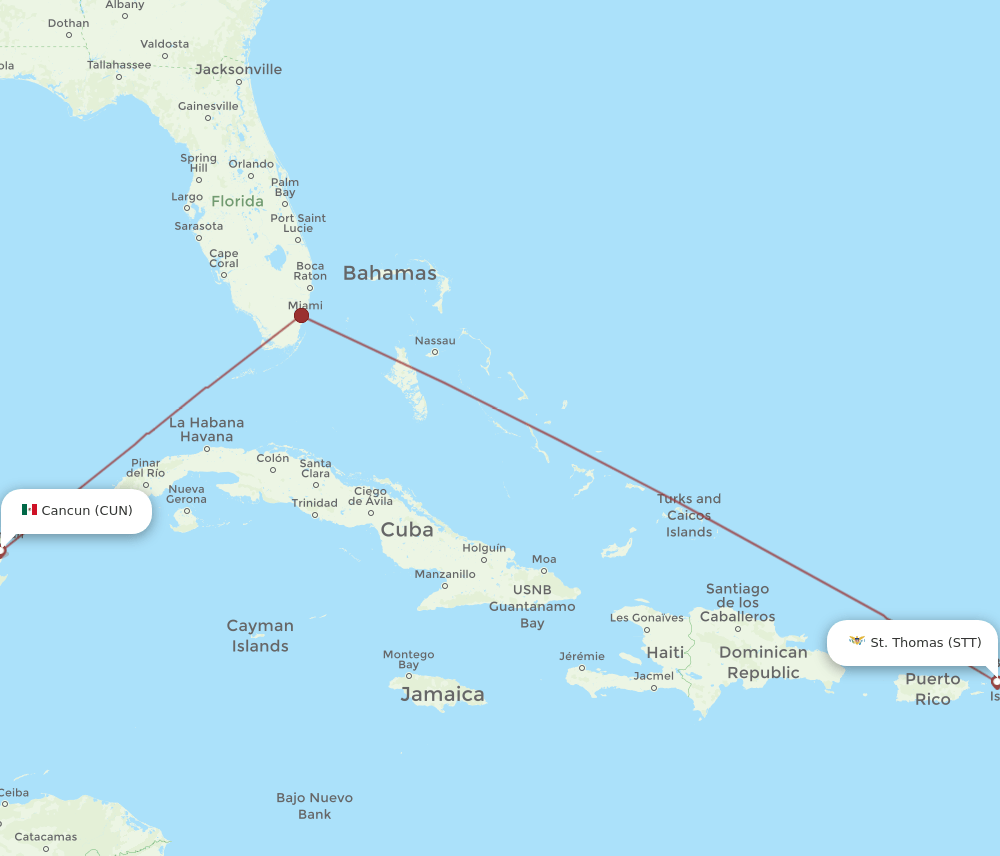 STT to CUN flights and routes map