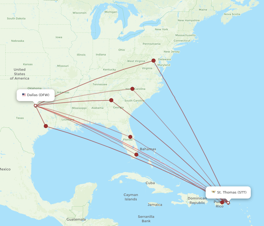 STT to DFW flights and routes map