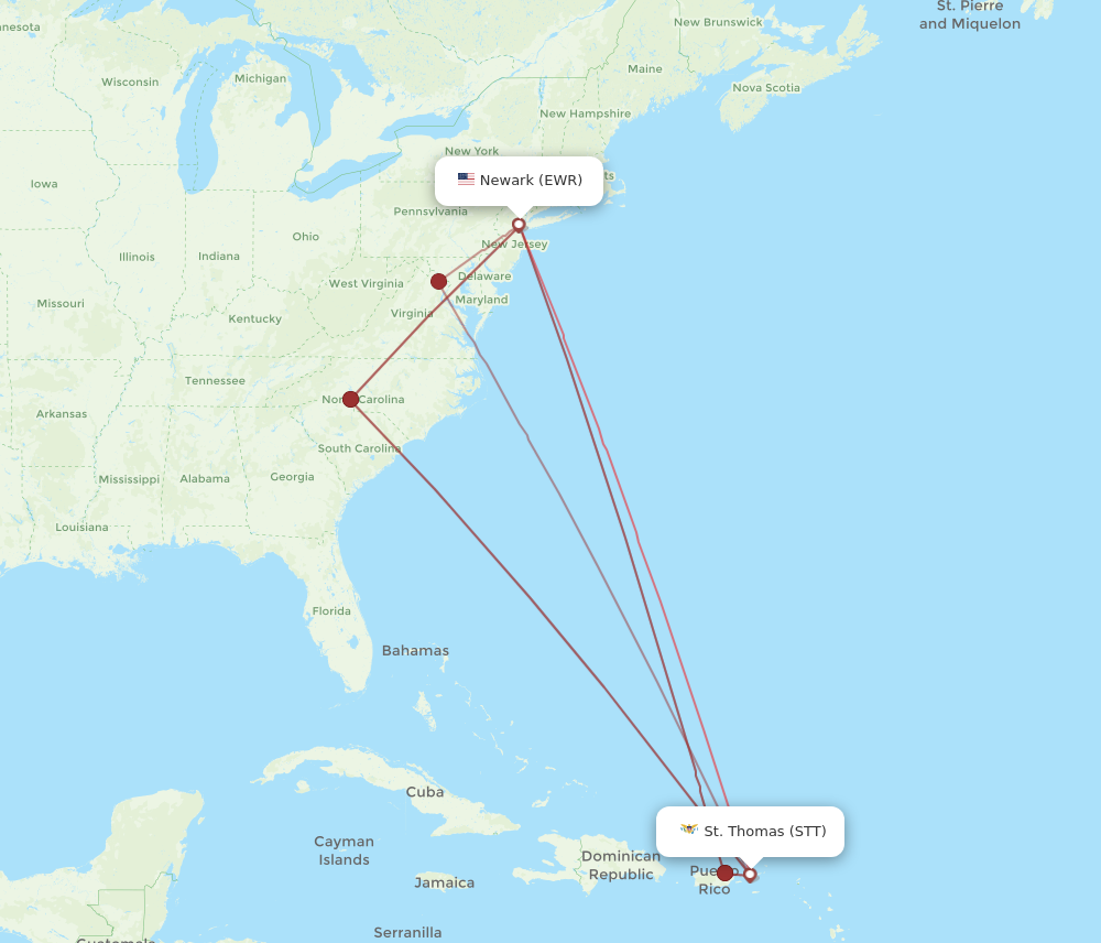 STT to EWR flights and routes map