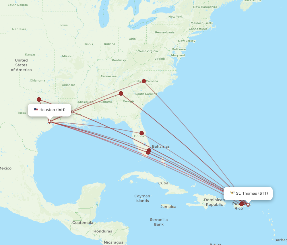 STT to IAH flights and routes map