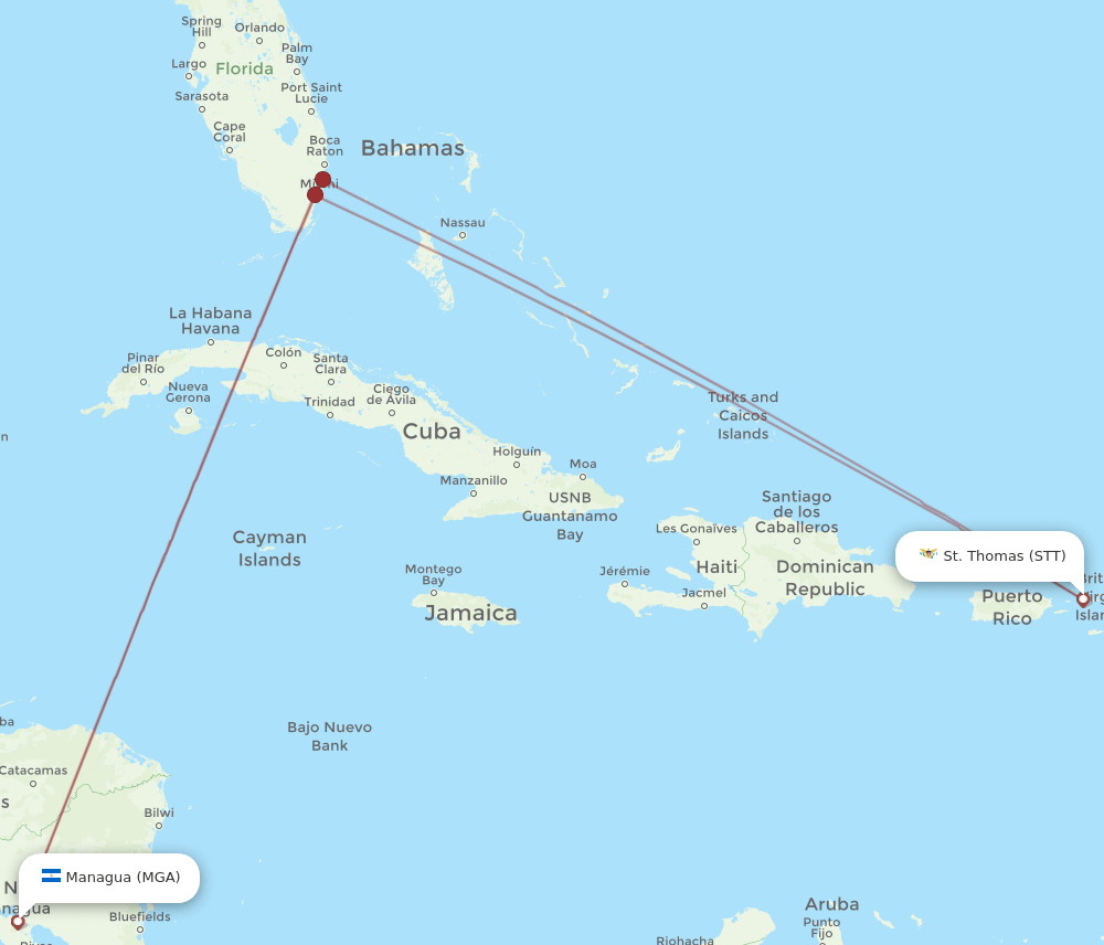 Managua - Saint Thomas route map and flight paths