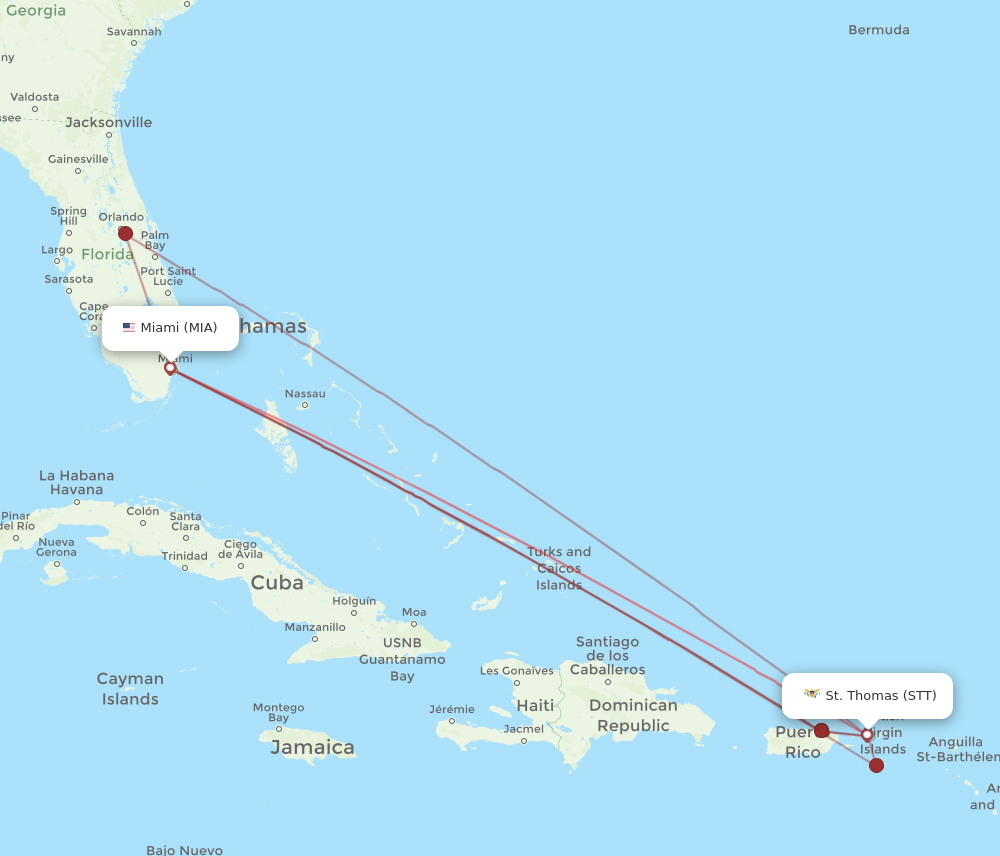 STT to MIA flights and routes map