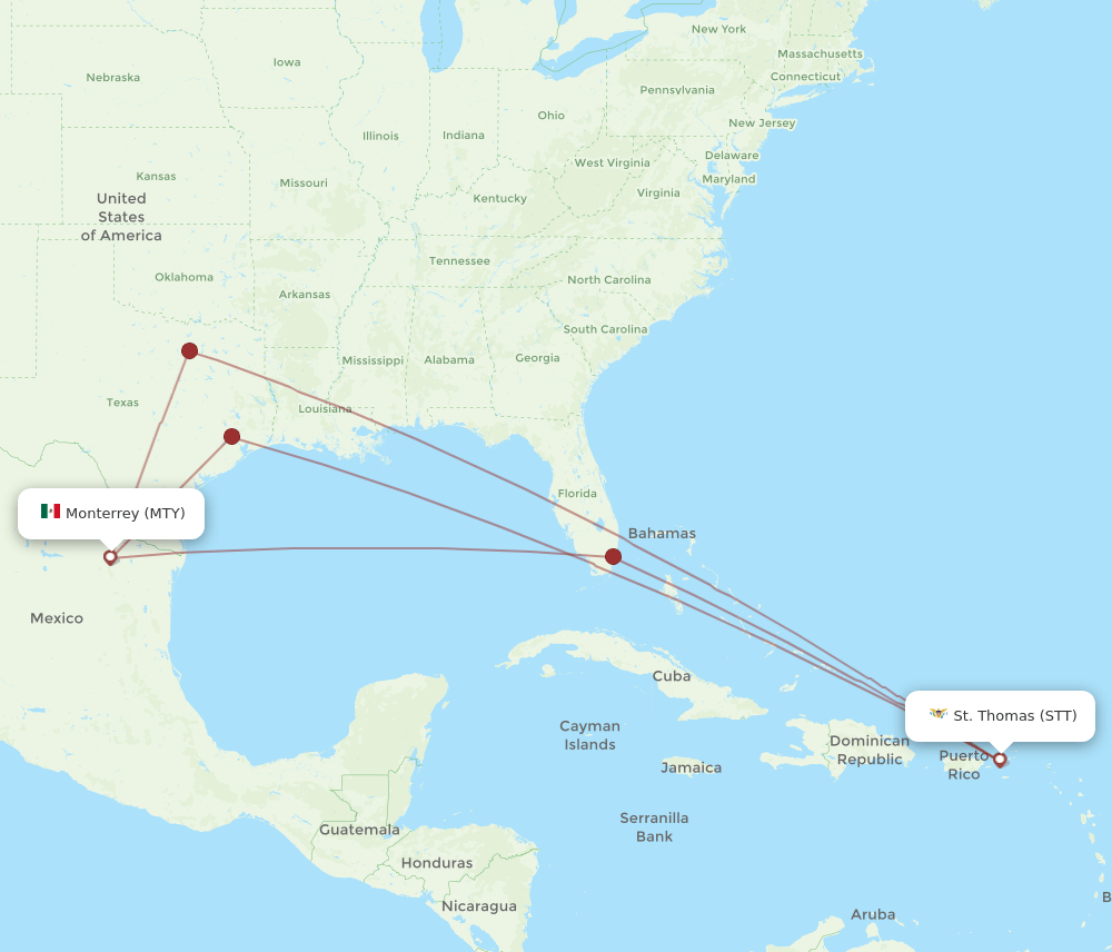 STT to MTY flights and routes map