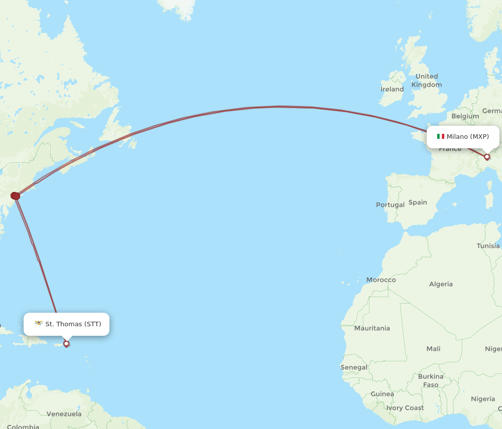 STT to MXP flights and routes map