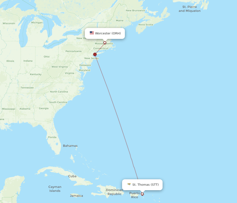 Saint Thomas - Worcester route map and flight paths