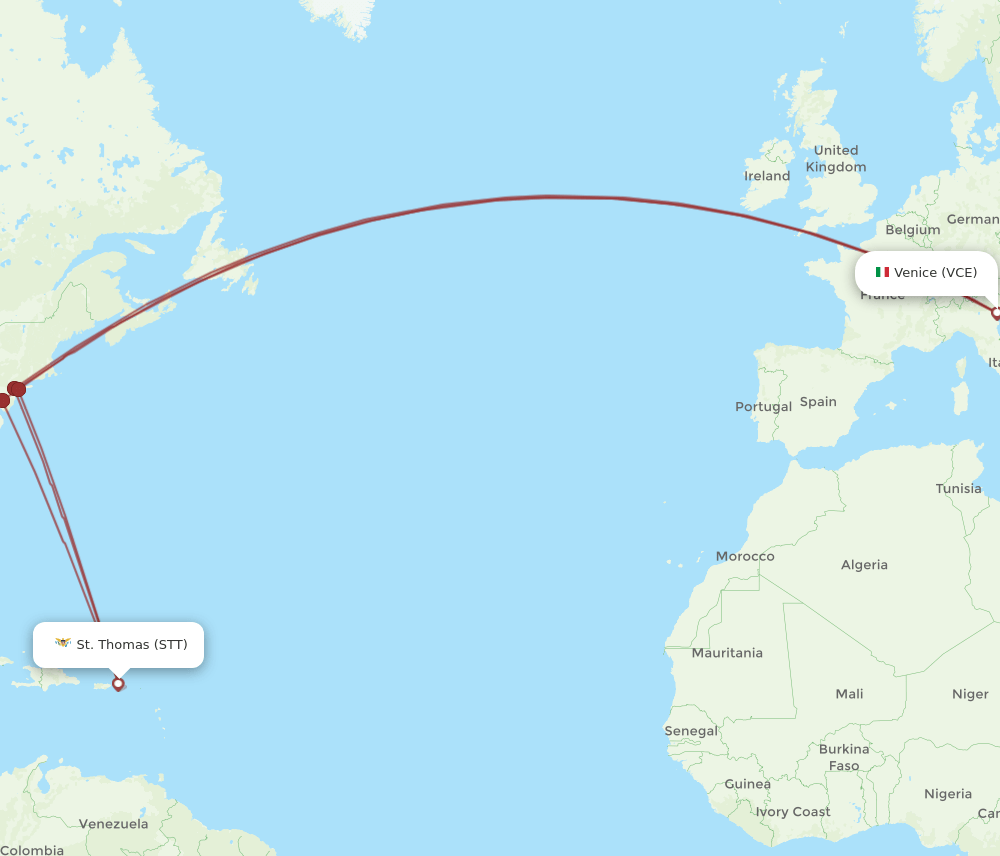 STT to VCE flights and routes map