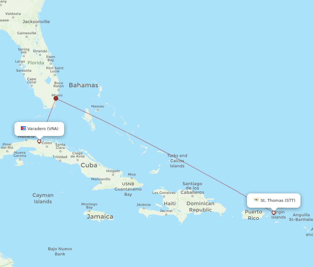 Varadero - Saint Thomas route map and flight paths