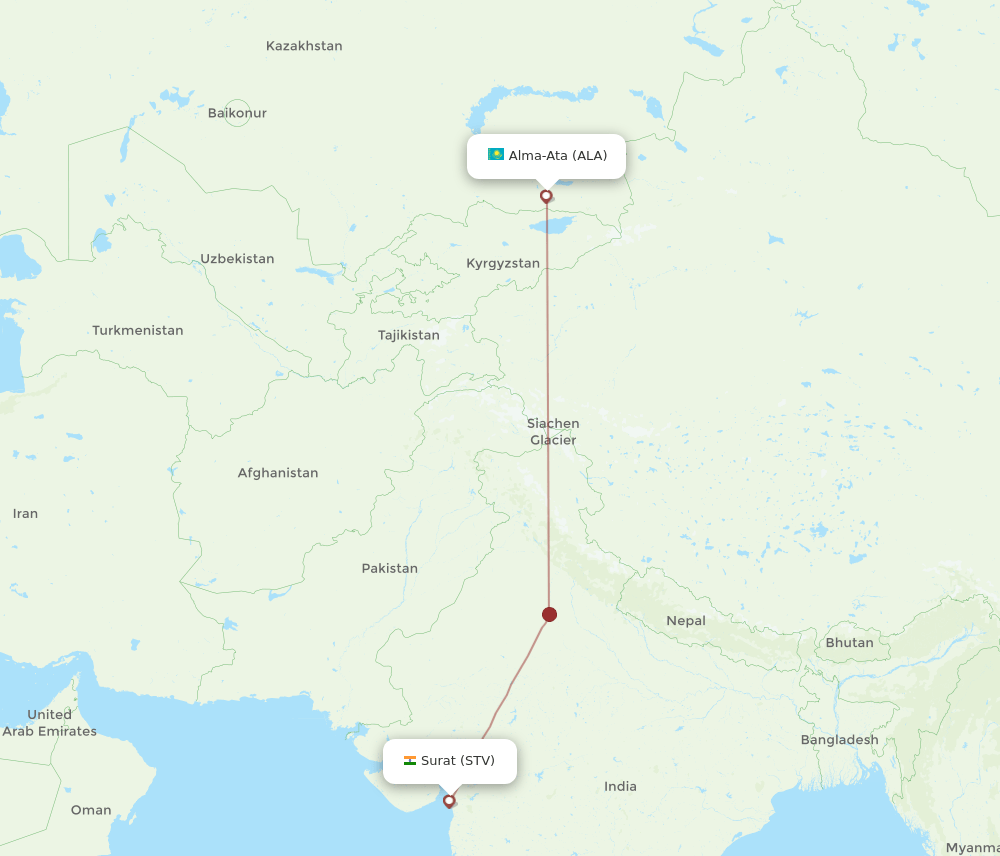 Almaty - Surat Gujarat route map and flight paths