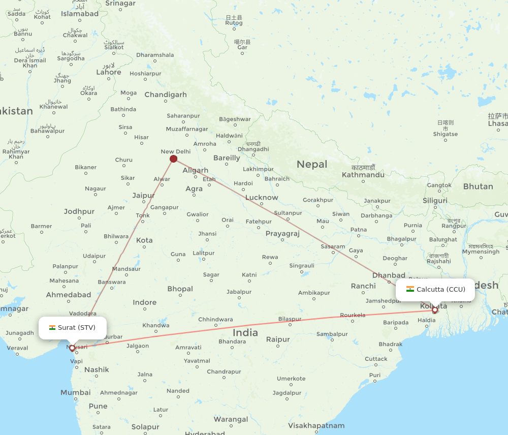STV to CCU flights and routes map