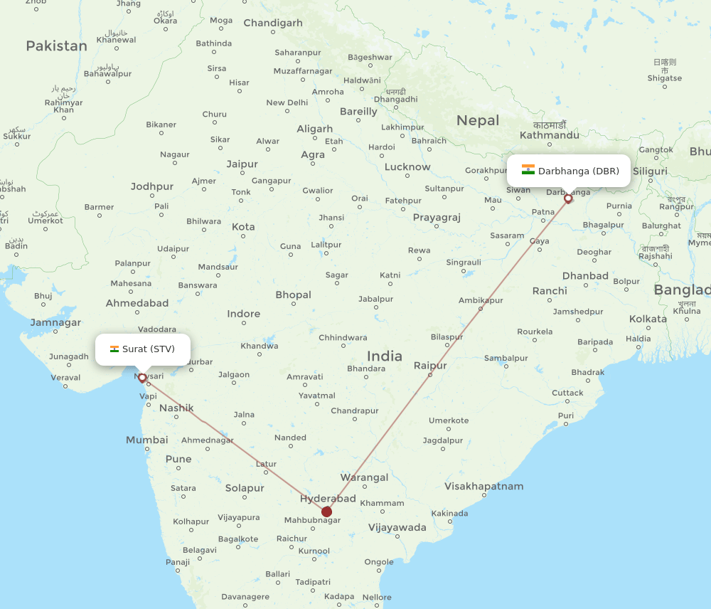 STV to DBR flights and routes map