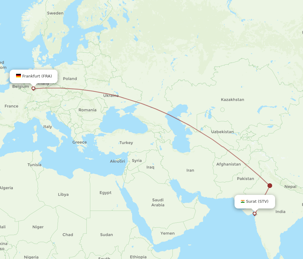 Frankfurt - Surat Gujarat route map and flight paths