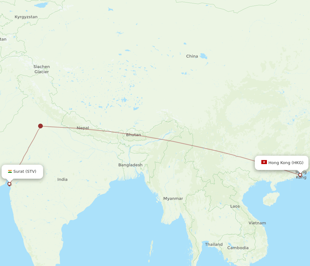 Hong Kong - Surat Gujarat route map and flight paths