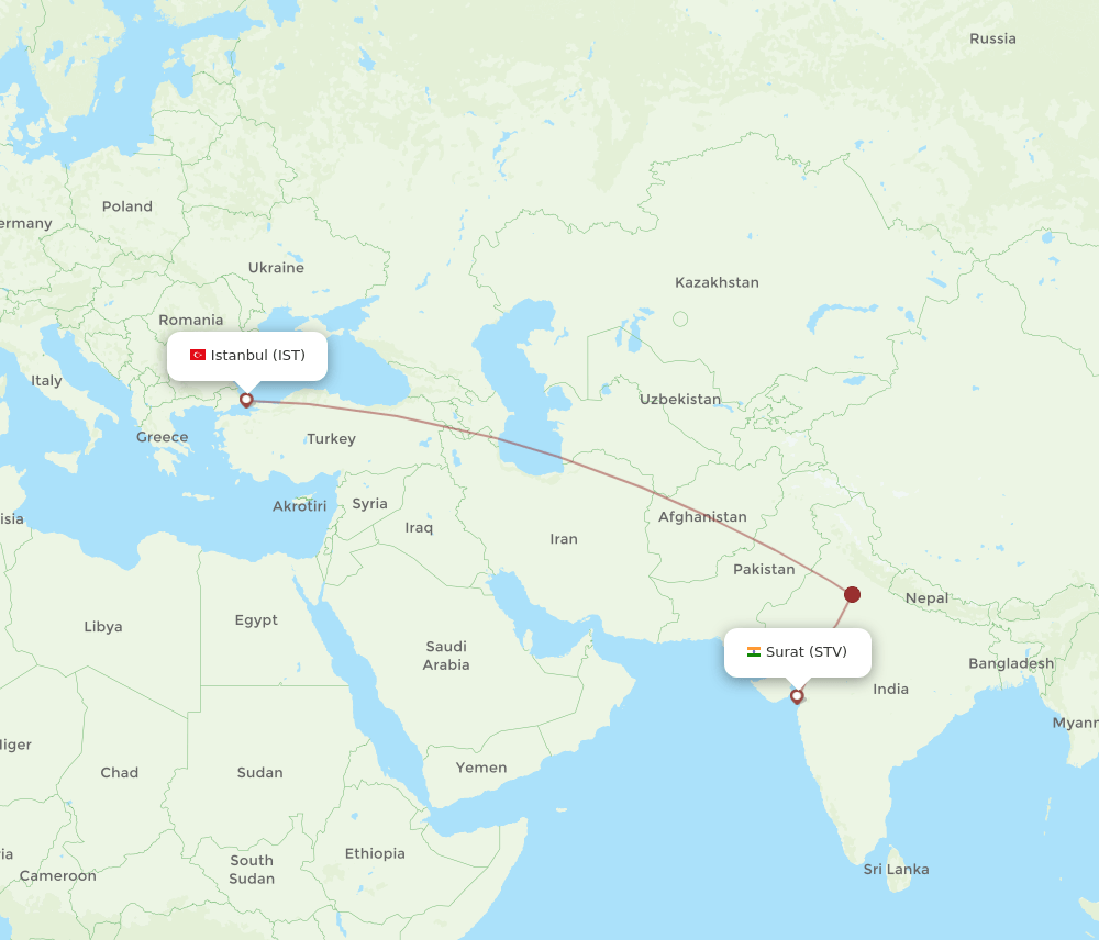 Istanbul - Surat Gujarat route map and flight paths