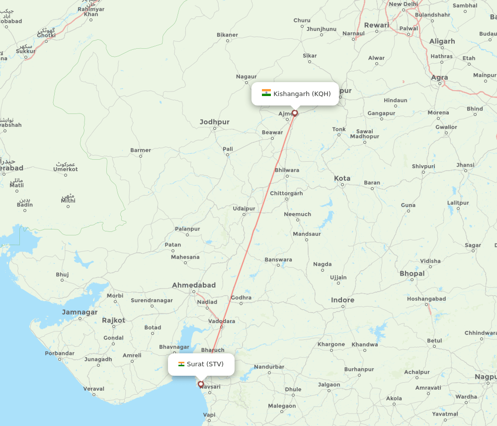 Surat Gujarat - Kishangarh route map and flight paths
