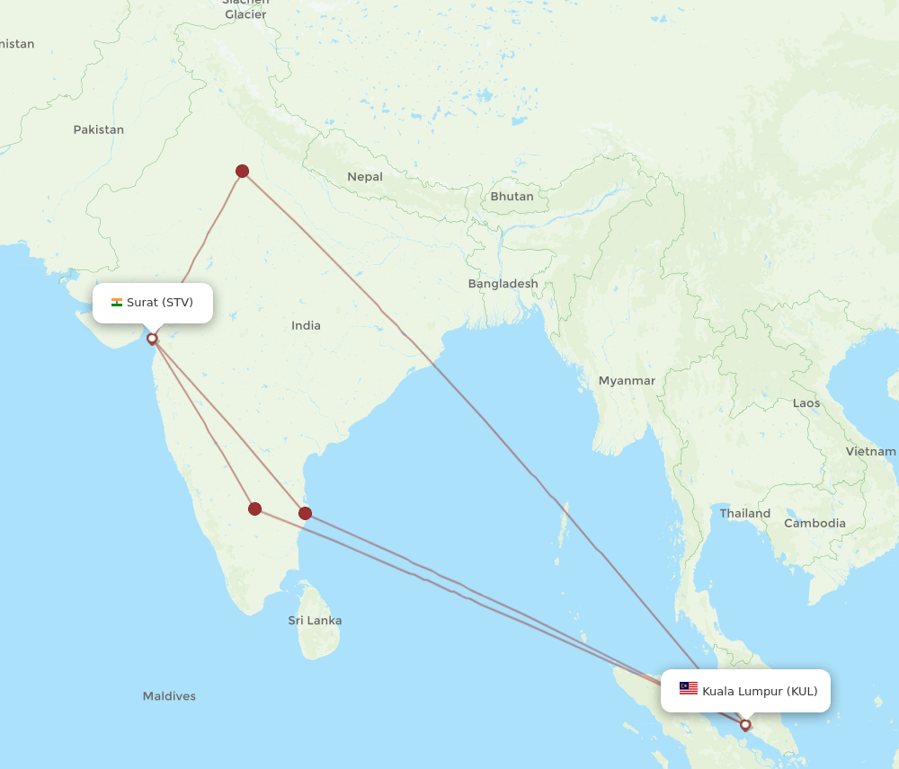 Kuala Lumpur - Surat Gujarat route map and flight paths