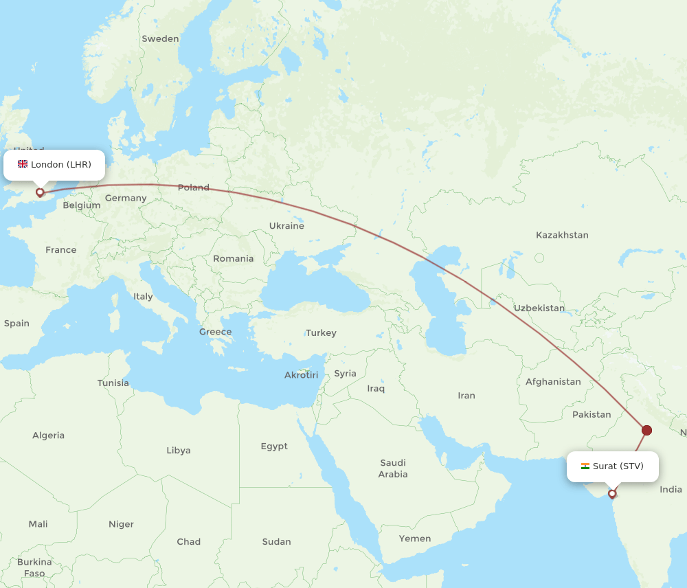 STV-LHR flight routes