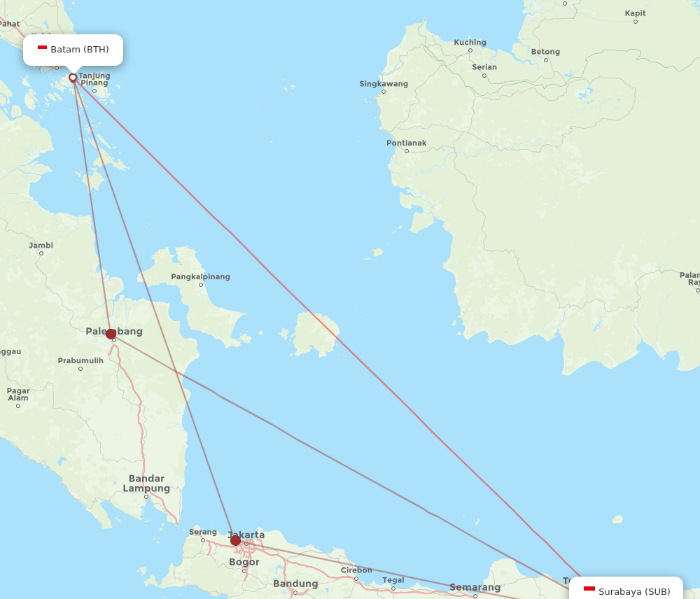 SUB to BTH flights and routes map
