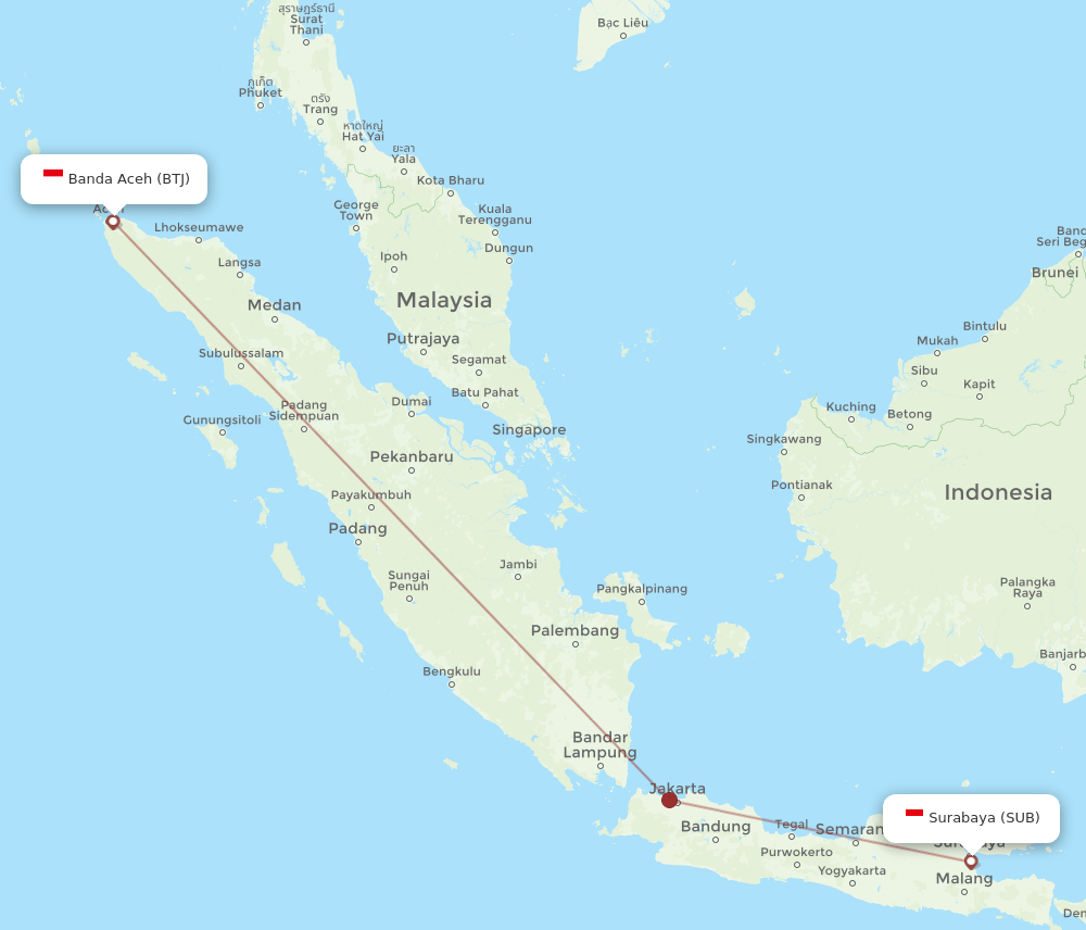 Banda Aceh - Surabaya route map and flight paths