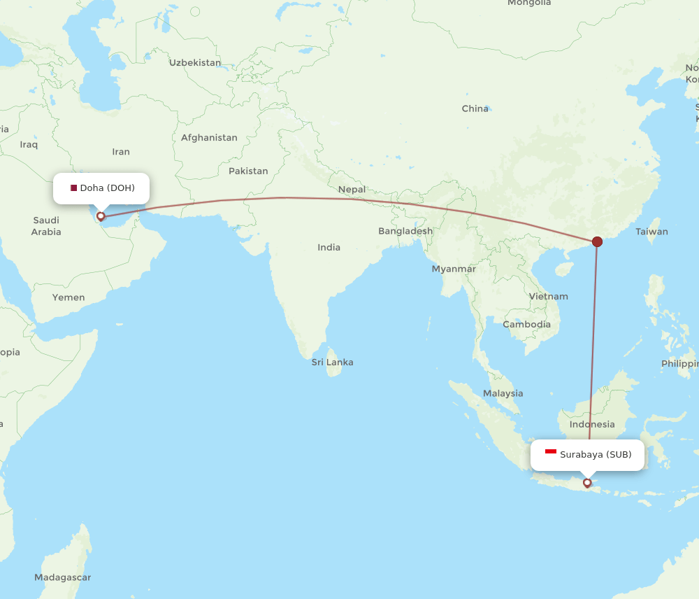 Doha - Surabaya route map and flight paths
