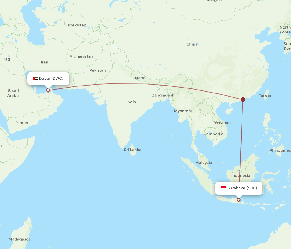 Surabaya - Dubai route map and flight paths