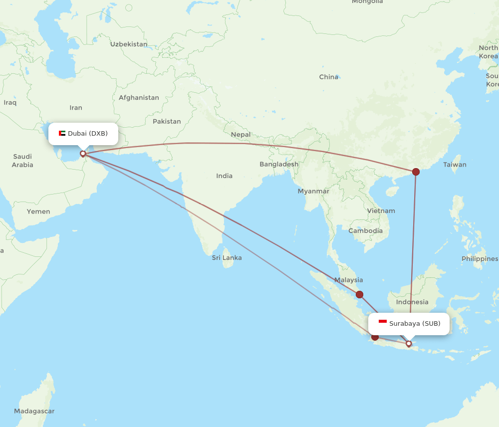 SUB to DXB flights and routes map