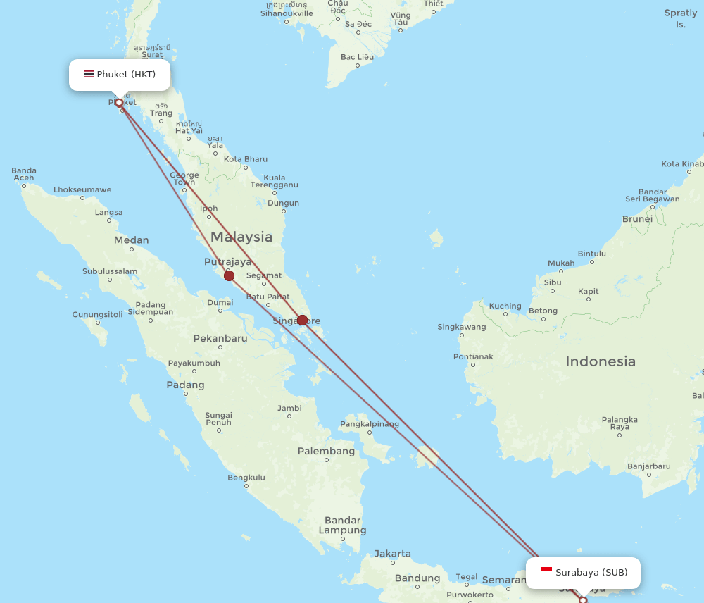 SUB to HKT flights and routes map