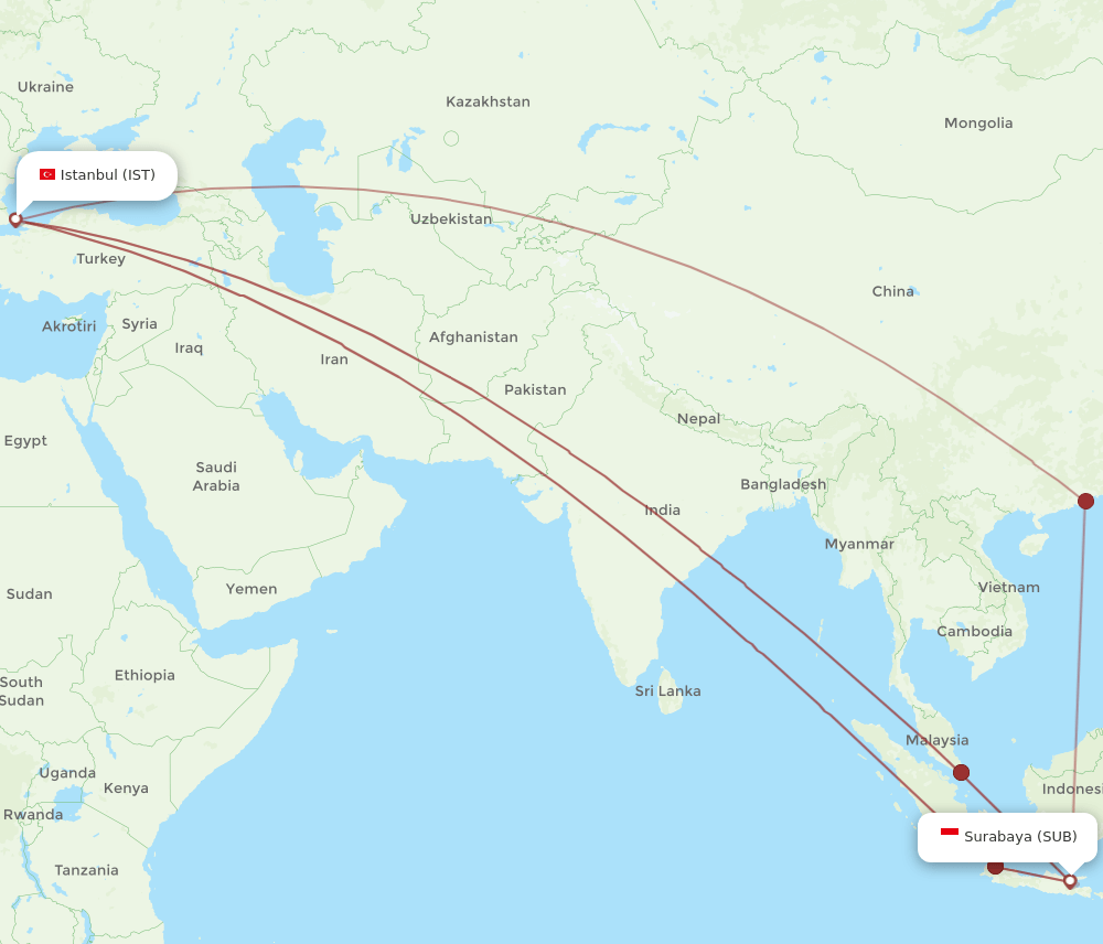 SUB to IST flights and routes map