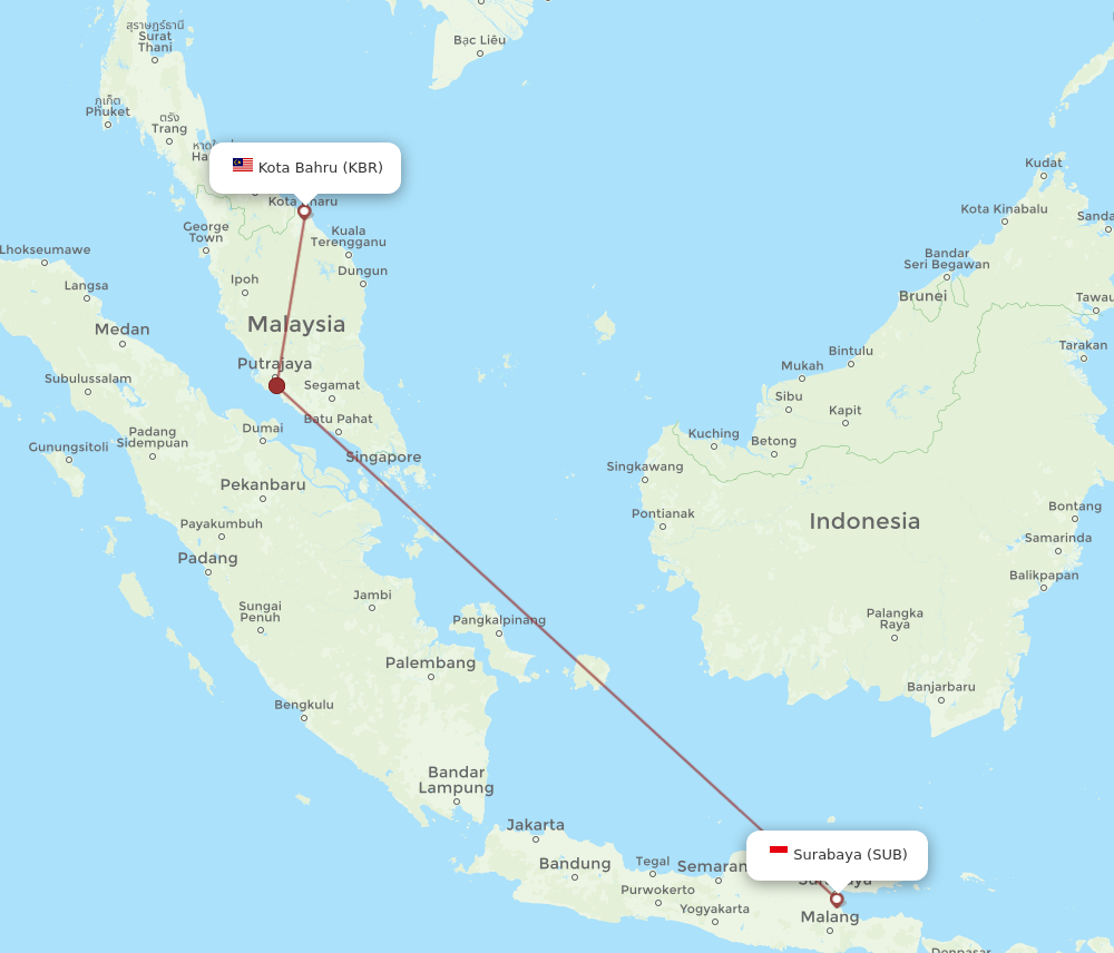 KBR to SUB flights and routes map