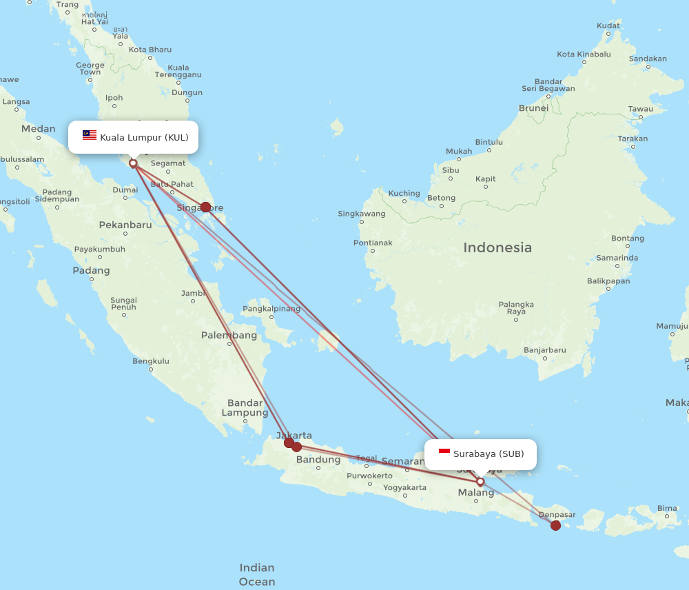 SUB to KUL flights and routes map