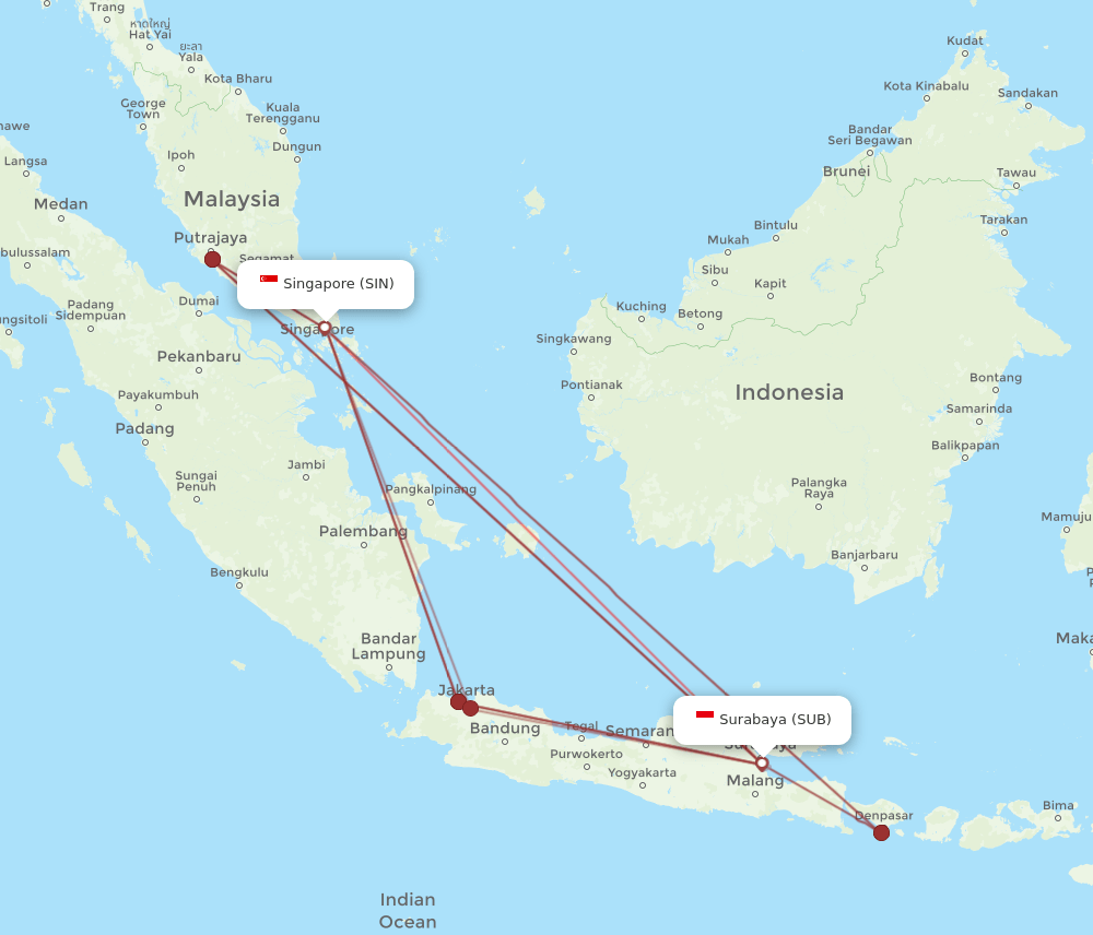 SUB to SIN flights and routes map