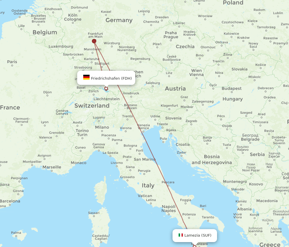 Friedrichshafen - Lamezia-Terme route map and flight paths