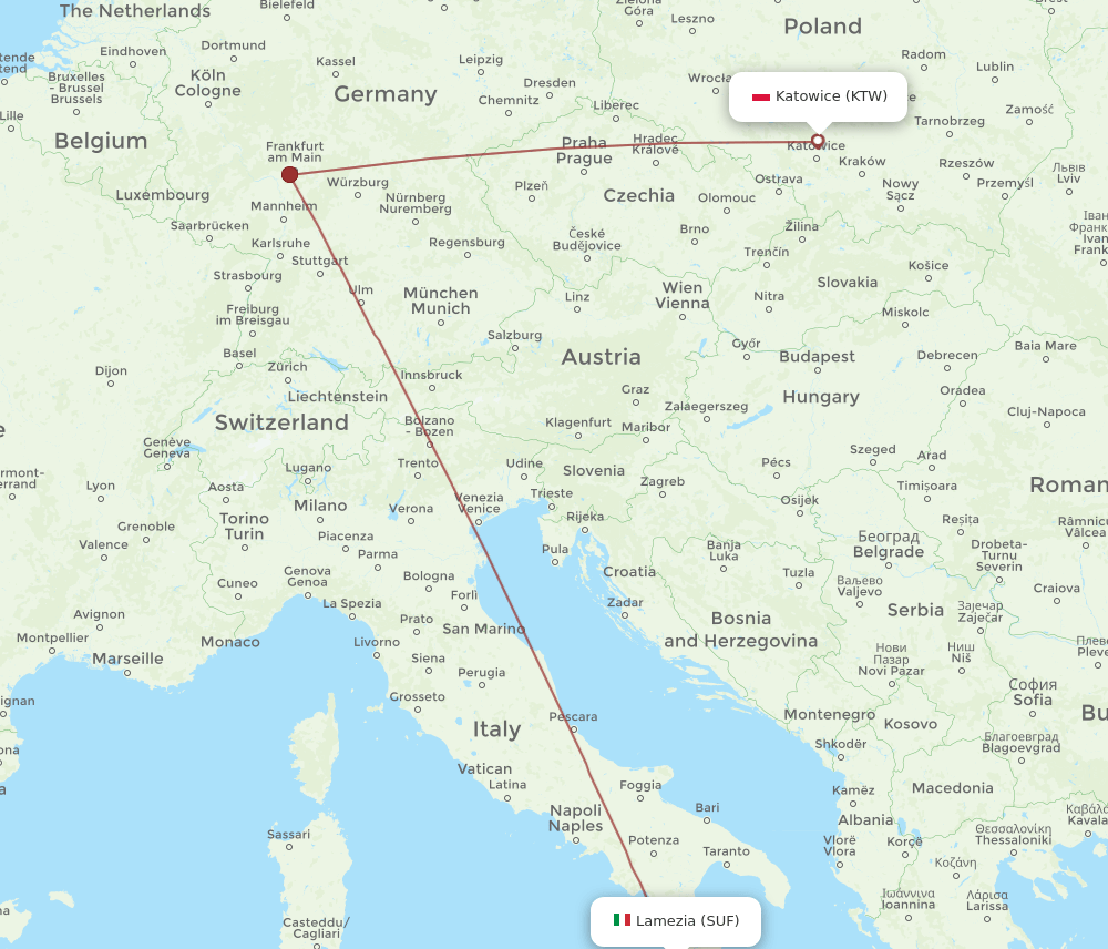 SUF-KTW flight routes