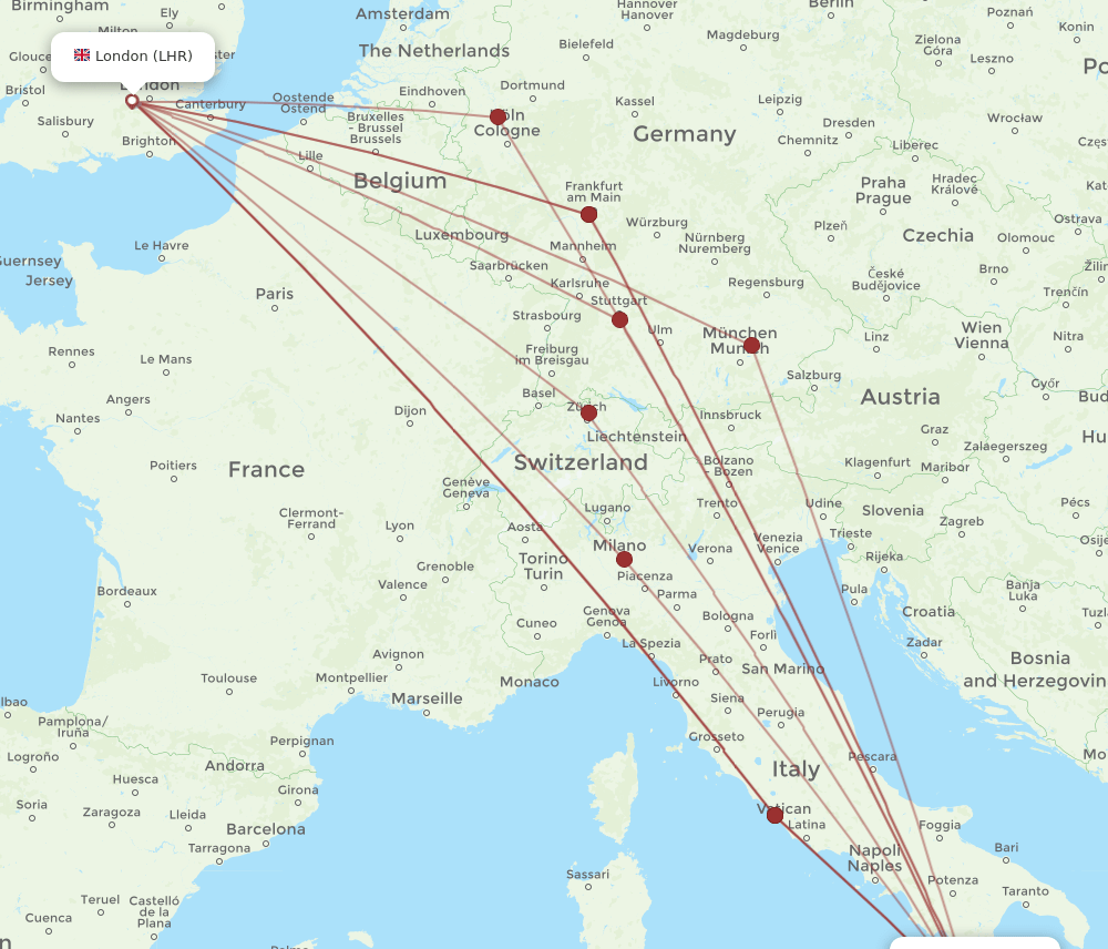 SUF-LHR flight routes
