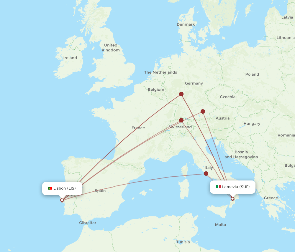 SUF-LIS flight routes
