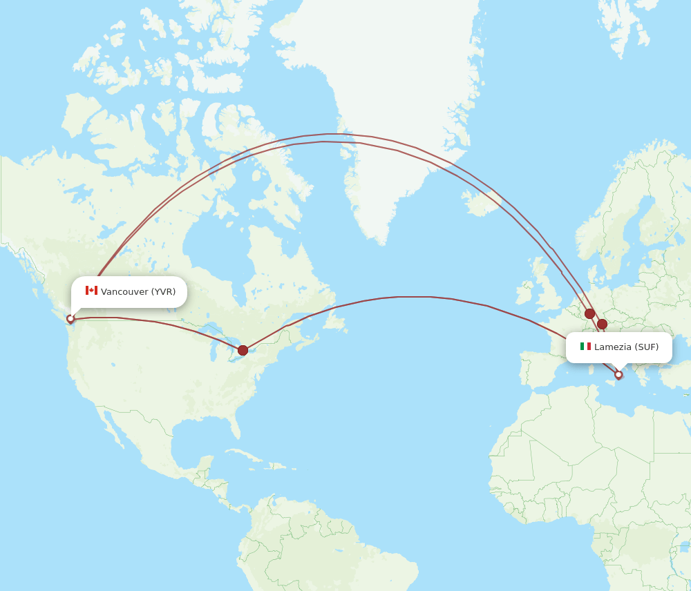 SUF-YVR flight routes