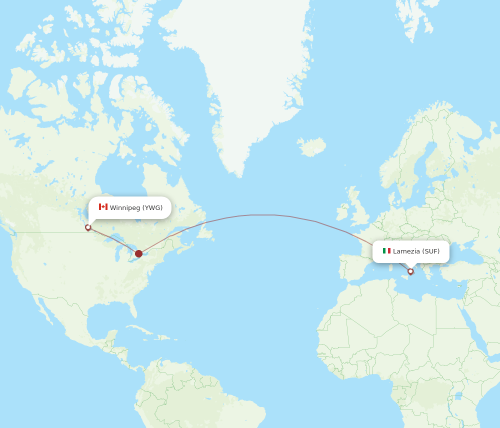 YWG to SUF flights and routes map